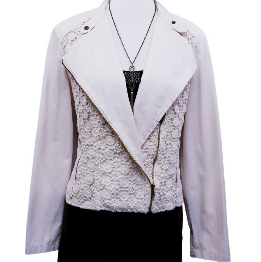 LIVE A LITTLE Crochet Moto Jacket Cream Colored